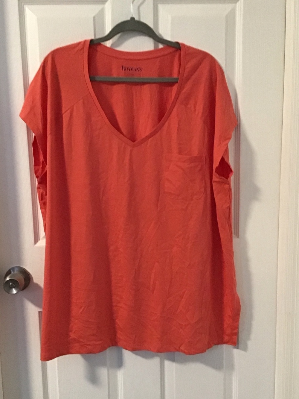 Roaman's Coral V-Neck Short Sleeve Pocket Tee